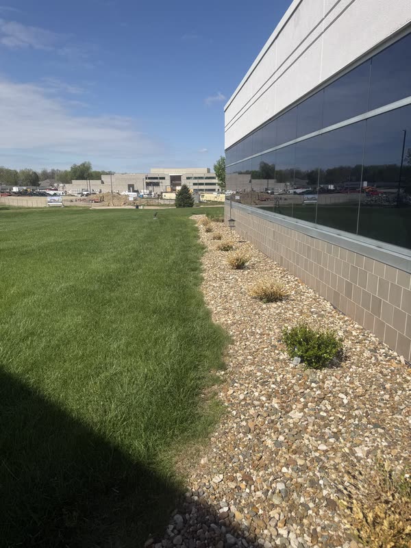 Commercial lawn meeting a clean river rock strip along a building